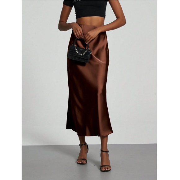 Brown Satin A-Line Skirt High Waisted Long - Picture 6 of 10